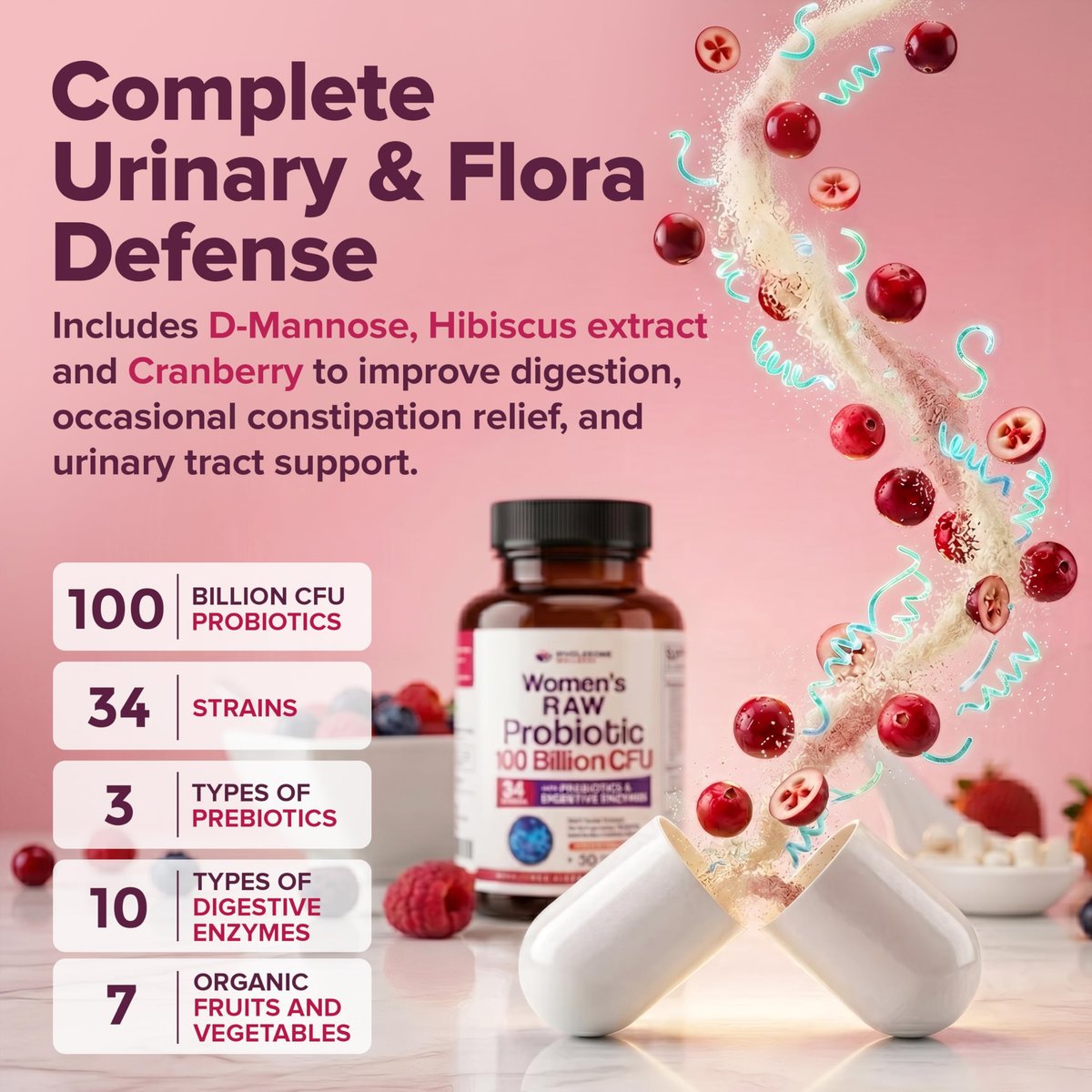 Wholesome Wellness Dr. Formulated Rohprobiotika für Frauen 100 Milliarden KBE Kapseln mit Präbiotika, Verdauungsenzymen, für Erwachsene, haltbares Nahrungsergänzungsmittel
