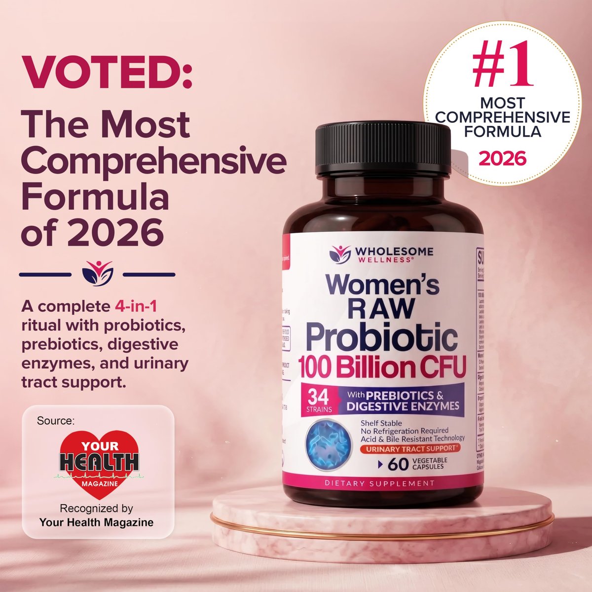 Wholesome Wellness Dr. Formulated Rohprobiotika für Frauen 100 Milliarden KBE Kapseln mit Präbiotika, Verdauungsenzymen, für Erwachsene, haltbares Nahrungsergänzungsmittel