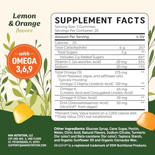 Omega 3-6-9 + DHA Gummis | Pflanzliche Triple-Omegas aus Algen, Leinsamen & Distelöl | 50 mg DHA | Vegetarisch, Nicht-GVO, Glutenfrei, Essentielle Fettsäuren für Erwachsene | 60 Gummis