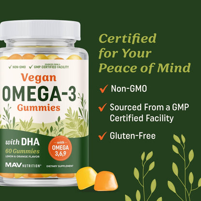 Omega 3-6-9 + DHA Gummis | Pflanzliche Triple-Omegas aus Algen, Leinsamen & Distelöl | 50 mg DHA | Vegetarisch, Nicht-GVO, Glutenfrei, Essentielle Fettsäuren für Erwachsene | 60 Gummis