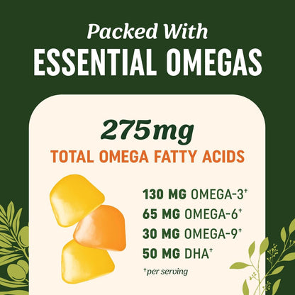 Omega 3-6-9 + DHA Gummis | Pflanzliche Triple-Omegas aus Algen, Leinsamen & Distelöl | 50 mg DHA | Vegetarisch, Nicht-GVO, Glutenfrei, Essentielle Fettsäuren für Erwachsene | 60 Gummis