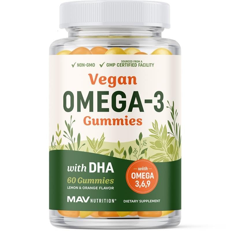 Omega 3-6-9 + DHA Gummis | Pflanzliche Triple-Omegas aus Algen, Leinsamen & Distelöl | 50 mg DHA | Vegetarisch, Nicht-GVO, Glutenfrei, Essentielle Fettsäuren für Erwachsene | 60 Gummis