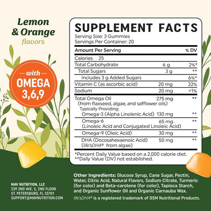Omega 3-6-9 + DHA Gummis | Pflanzliche Triple-Omegas aus Algen, Leinsamen & Distelöl | 50 mg DHA | Vegetarisch, Nicht-GVO, Glutenfrei, Essentielle Fettsäuren für Erwachsene | 60 Gummis