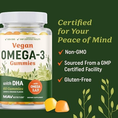Omega 3-6-9 + DHA Gummis | Pflanzliche Triple-Omegas aus Algen, Leinsamen & Distelöl | 50 mg DHA | Vegetarisch, Nicht-GVO, Glutenfrei, Essentielle Fettsäuren für Erwachsene | 60 Gummis