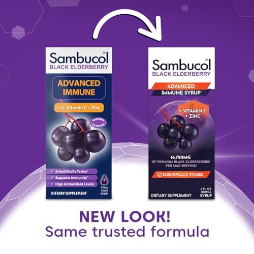 Sambucol Advanced Holunderbeeren Sirup – Mit Zink und Vitamin C für Erwachsene, Immununterstützung, Hoher Antioxidantiengehalt, Glutenfrei – 118 ml