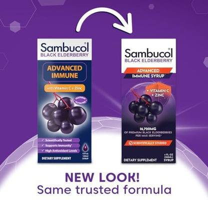 Sambucol Advanced Holunderbeeren Sirup – Mit Zink und Vitamin C für Erwachsene, Immununterstützung, Hoher Antioxidantiengehalt, Glutenfrei – 118 ml
