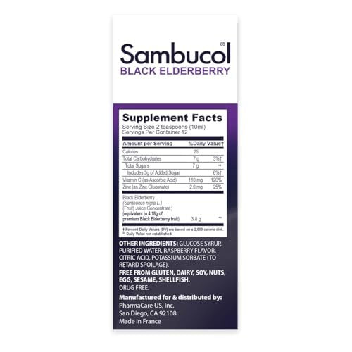 Sambucol Advanced Holunderbeeren Sirup – Mit Zink und Vitamin C für Erwachsene, Immununterstützung, Hoher Antioxidantiengehalt, Glutenfrei – 118 ml