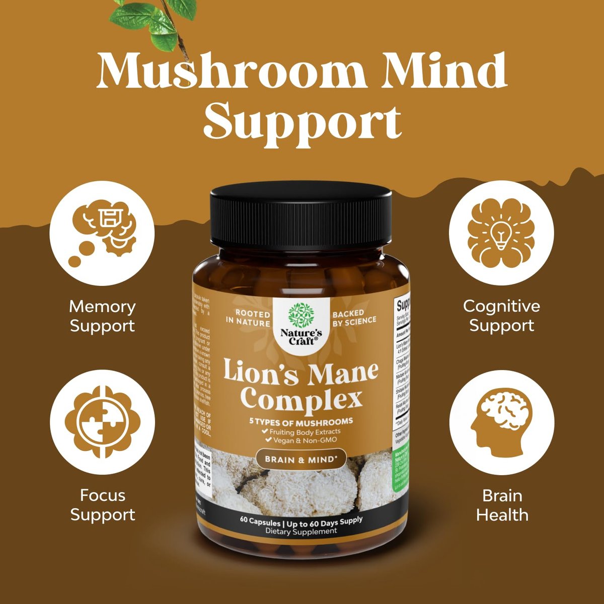 Advanced Lions Mähnenpilz Komplex – Kapseln mit Reishi, Chaga, Maitake & Shiitake für Gehirngesundheit, Gedächtnis & Fokus – Nootropikum für geistige Klarheit – 60 Kapseln