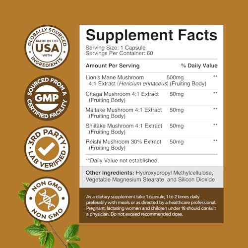 Advanced Lions Mähnenpilz Komplex – Kapseln mit Reishi, Chaga, Maitake & Shiitake für Gehirngesundheit, Gedächtnis & Fokus – Nootropikum für geistige Klarheit – 60 Kapseln