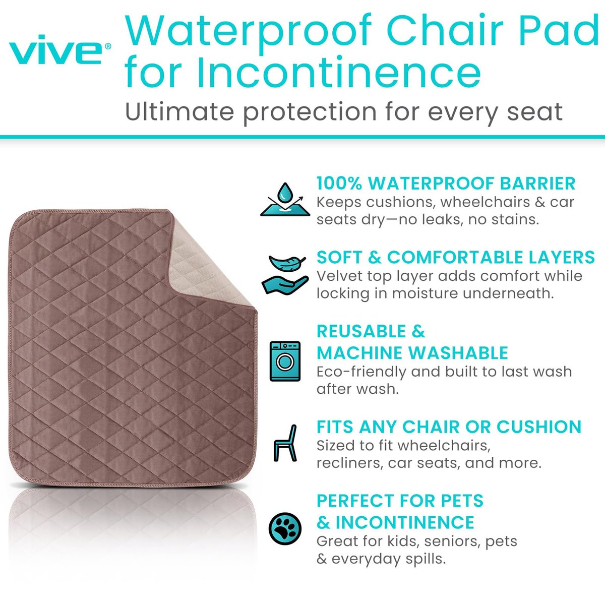 Sures Wasserdichte Inkontinenz-Stuhlauflagen (56 x 53 cm) - Waschbarer, Wasserdichter Sitzschoner - Stuhlschoner Sitzbezug - Saugfähige Unterlage für Bett, Sitz, Auto, Rollstuhl & Sessel (Braun, 1 Packung)