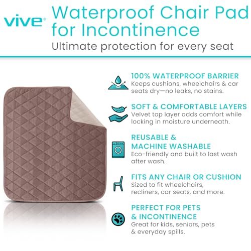Sures Wasserdichte Inkontinenz-Stuhlauflagen (56 x 53 cm) - Waschbarer, Wasserdichter Sitzschoner - Stuhlschoner Sitzbezug - Saugfähige Unterlage für Bett, Sitz, Auto, Rollstuhl & Sessel (Braun, 1 Packung)