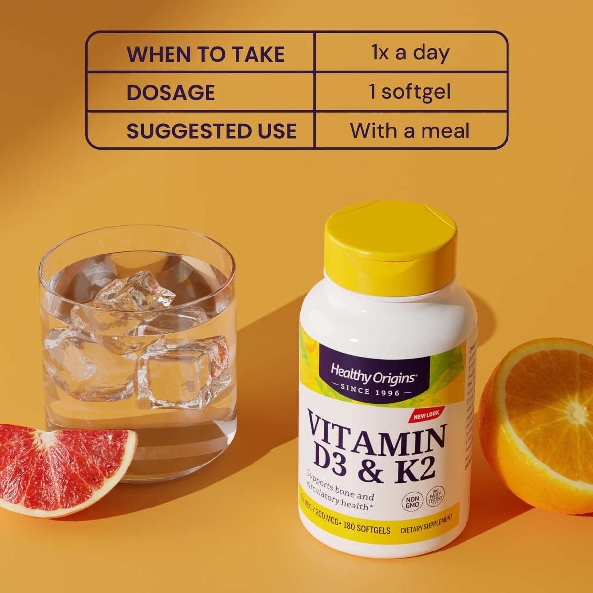 Healthy Origins Vitamin D3 & K2 – Hoch bioverfügbares Vitamin D3 (50 µg) & K2 (200 µg) – Nicht-GVO & glutenfrei – 60 Softgels