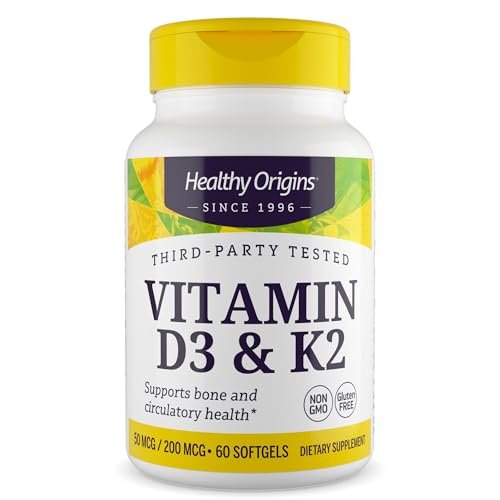 Healthy Origins Vitamin D3 & K2 – Hoch bioverfügbares Vitamin D3 (50 µg) & K2 (200 µg) – Nicht-GVO & glutenfrei – 60 Softgels