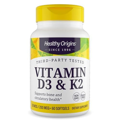 Healthy Origins Vitamin D3 & K2 – Hoch bioverfügbares Vitamin D3 (50 µg) & K2 (200 µg) – Nicht-GVO & glutenfrei – 60 Softgels