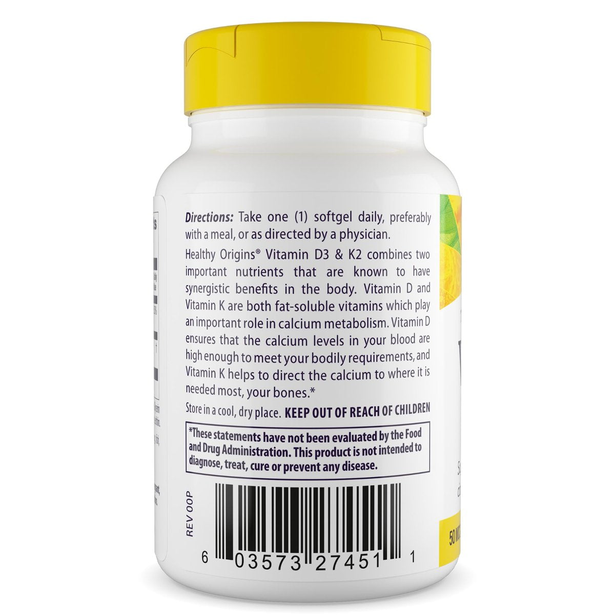 Healthy Origins Vitamin D3 & K2 – Hoch bioverfügbares Vitamin D3 (50 µg) & K2 (200 µg) – Nicht-GVO & glutenfrei – 60 Softgels