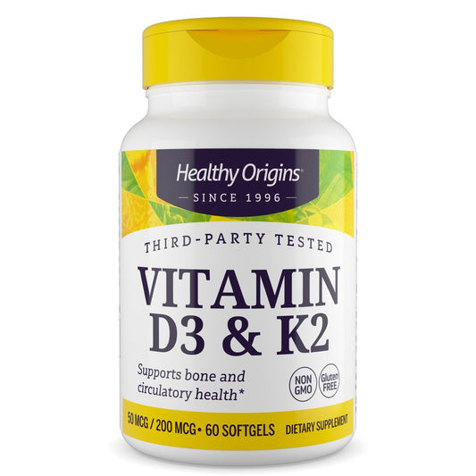 Healthy Origins Vitamin D3 & K2 – Hoch bioverfügbares Vitamin D3 (50 µg) & K2 (200 µg) – Nicht-GVO & glutenfrei – 60 Softgels