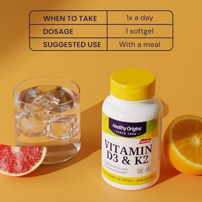 Healthy Origins Vitamin D3 & K2 – Hoch bioverfügbares Vitamin D3 (50 µg) & K2 (200 µg) – Nicht-GVO & glutenfrei – 60 Softgels