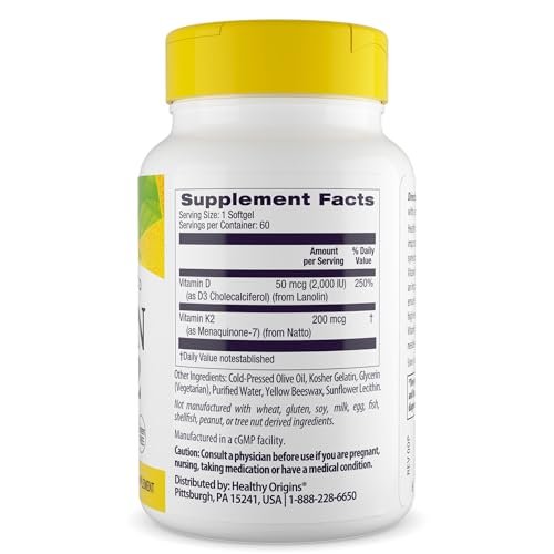 Healthy Origins Vitamin D3 & K2 – Hoch bioverfügbares Vitamin D3 (50 µg) & K2 (200 µg) – Nicht-GVO & glutenfrei – 60 Softgels