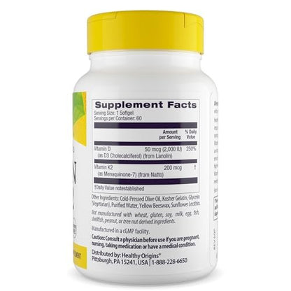 Healthy Origins Vitamin D3 & K2 – Hoch bioverfügbares Vitamin D3 (50 µg) & K2 (200 µg) – Nicht-GVO & glutenfrei – 60 Softgels