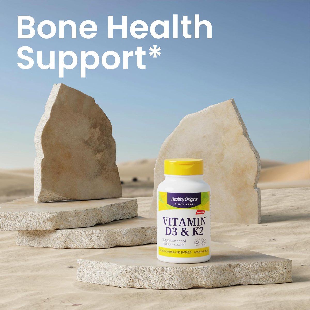 Healthy Origins Vitamin D3 & K2 – Hoch bioverfügbares Vitamin D3 (50 µg) & K2 (200 µg) – Nicht-GVO & glutenfrei – 60 Softgels