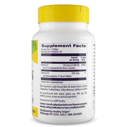 Healthy Origins Vitamin D3 & K2 – Hoch bioverfügbares Vitamin D3 (50 µg) & K2 (200 µg) – Nicht-GVO & glutenfrei – 60 Softgels