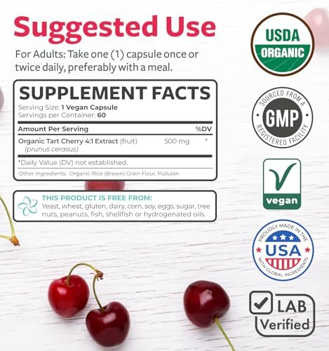 Bio Sauerkirschkapseln mit hoher Konzentration - 500 mg 4:1 Extrakt - 1 Kapsel pro Portion für Harnsäureunterstützung - Vegan, Nicht-GVO & Hergestellt in den USA (2 Monate Vorrat)