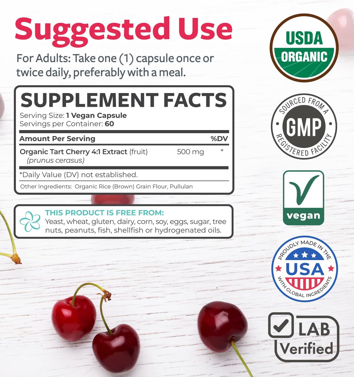 Bio Sauerkirschkapseln mit hoher Konzentration - 500 mg 4:1 Extrakt - 1 Kapsel pro Portion für Harnsäureunterstützung - Vegan, Nicht-GVO & Hergestellt in den USA (2 Monate Vorrat)