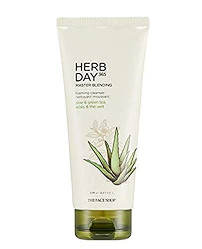 The Face Shop Herb Day 365 Master Blending Cleansing Foam Aloe & Grüner Tee – Feuchtigkeitsspendender, beruhigender Gesichtsreiniger für alle Hauttypen