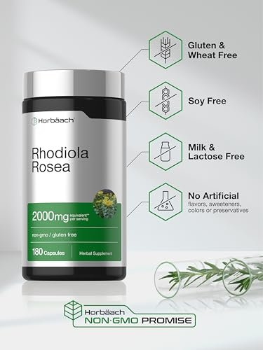 Horbäach Rhodiola Rosea Kapseln | 180 Stück | Nicht-GVO, Glutenfrei Nahrungsergänzungsmittel