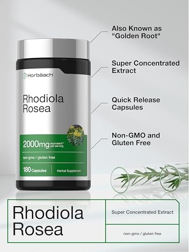 Horbäach Rhodiola Rosea Kapseln | 180 Stück | Nicht-GVO, Glutenfrei Nahrungsergänzungsmittel