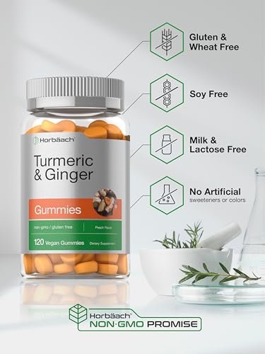 Horbäach Kurkuma und Ingwer Gummis | 120 Stück | Pfirsichgeschmack | Vegan, Non-GMO & Glutenfrei
