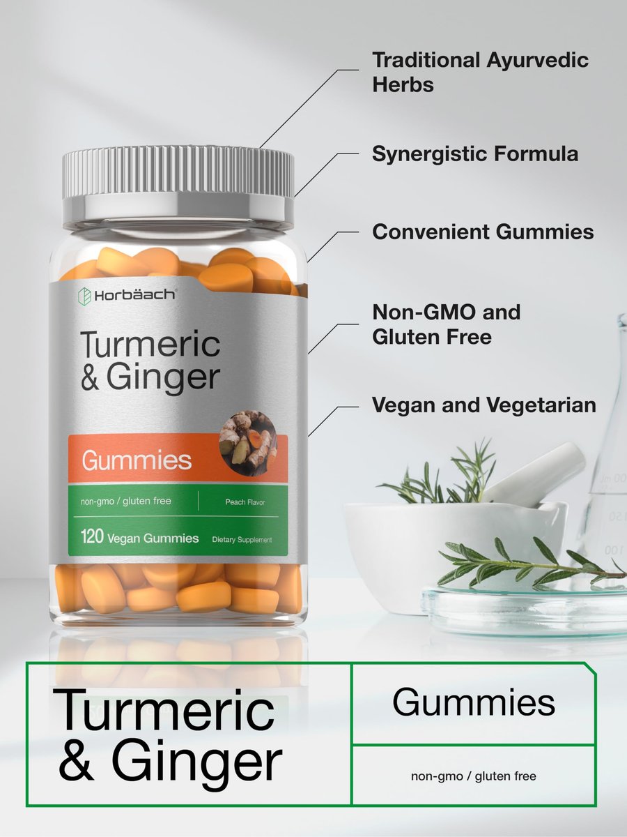 Horbäach Kurkuma und Ingwer Gummis | 120 Stück | Pfirsichgeschmack | Vegan, Non-GMO & Glutenfrei