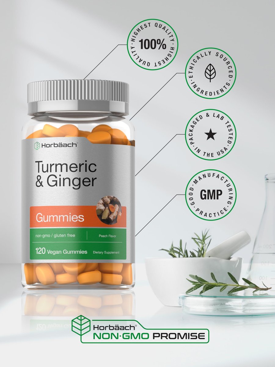Horbäach Kurkuma und Ingwer Gummis | 120 Stück | Pfirsichgeschmack | Vegan, Non-GMO & Glutenfrei