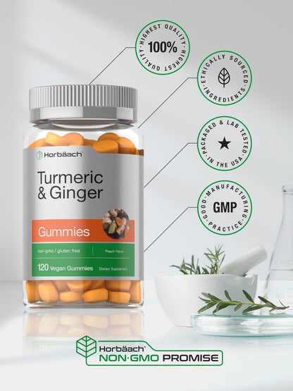 Horbäach Kurkuma und Ingwer Gummis | 120 Stück | Pfirsichgeschmack | Vegan, Non-GMO & Glutenfrei