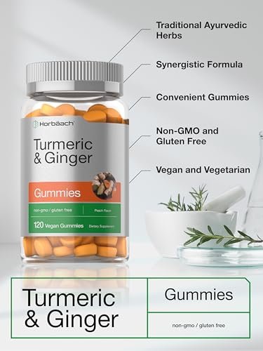 Horbäach Kurkuma und Ingwer Gummis | 120 Stück | Pfirsichgeschmack | Vegan, Non-GMO & Glutenfrei
