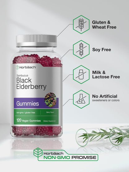 Horbaach Holunderbeeren-Gummis | 120 Stück | Sambucus-Extrakt | mit Zink und Vitamin C | Beerengeschmack | Vegan, Nicht-GVO und Glutenfrei für Erwachsene