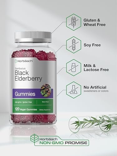 Horbaach Holunderbeeren-Gummis | 120 Stück | Sambucus-Extrakt | mit Zink und Vitamin C | Beerengeschmack | Vegan, Nicht-GVO und Glutenfrei für Erwachsene