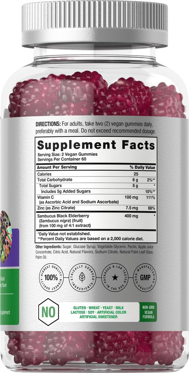 Horbaach Holunderbeeren-Gummis | 120 Stück | Sambucus-Extrakt | mit Zink und Vitamin C | Beerengeschmack | Vegan, Nicht-GVO und Glutenfrei für Erwachsene