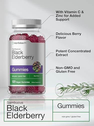 Horbaach Holunderbeeren-Gummis | 120 Stück | Sambucus-Extrakt | mit Zink und Vitamin C | Beerengeschmack | Vegan, Nicht-GVO und Glutenfrei für Erwachsene