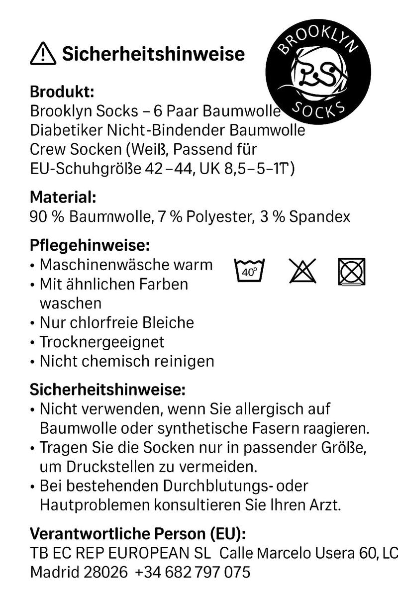 6 Paar Baumwoll-Diabetiker-Socken für Herren, Neuropathie-Socken (Größe 10-13, Schuhgröße 9-12, Weiß)