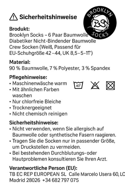 6 Paar Baumwoll-Diabetiker-Socken für Herren, Neuropathie-Socken (Größe 10-13, Schuhgröße 9-12, Weiß)
