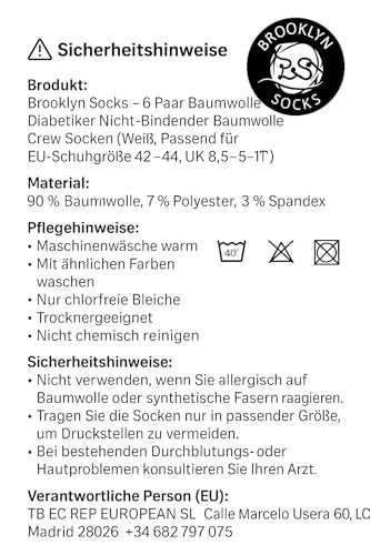 6 Paar Baumwoll-Socken für diabetische Neuropathie, Crew-Socken (Größe 9-11, passend für Herren Schuhgröße 7-9,5, Weiß)