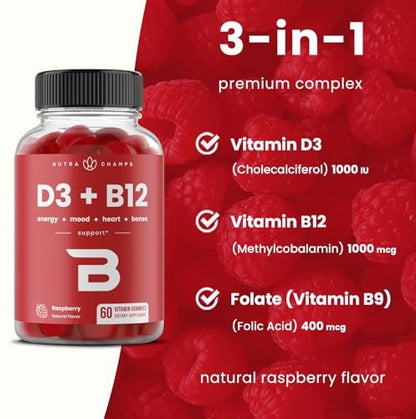 NutraChamps Vitamin D3 & B12 Methyl B12 Gummies für Erwachsene & Kinder – mit Vitamin D3, B12 (Methylcobalamin) & Folsäure (B9) – Natürliche Energie, Stimmung, Stoffwechsel & Konzentration – Himbeere, 120 Gummies (2er-Pack)