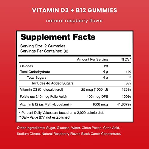 NutraChamps Vitamin D3 & B12, Methyl B12 Gummies für Erwachsene & Kinder, mit Vitamin D3 & B9 Folsäure, Natürliche Energie, Stimmung, Stoffwechsel & Konzentration, Himbeer, 60 Gummis