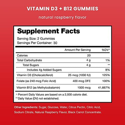 NutraChamps Vitamin D3 & B12, Methyl B12 Gummies für Erwachsene & Kinder, mit Vitamin D3 & B9 Folsäure, Natürliche Energie, Stimmung, Stoffwechsel & Konzentration, Himbeer, 60 Gummis