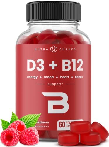 NutraChamps Vitamin D3 & B12, Methyl B12 Gummies für Erwachsene & Kinder, mit Vitamin D3 & B9 Folsäure, Natürliche Energie, Stimmung, Stoffwechsel & Konzentration, Himbeer, 60 Gummis