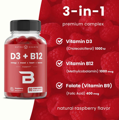 NutraChamps Vitamin D3 & B12, Methyl B12 Gummies für Erwachsene & Kinder, mit Vitamin D3 & B9 Folsäure, Natürliche Energie, Stimmung, Stoffwechsel & Konzentration, Himbeer, 60 Gummis