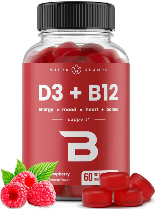 NutraChamps Vitamin D3 & B12, Methyl B12 Gummies für Erwachsene & Kinder, mit Vitamin D3 & B9 Folsäure, Natürliche Energie, Stimmung, Stoffwechsel & Konzentration, Himbeer, 60 Gummis