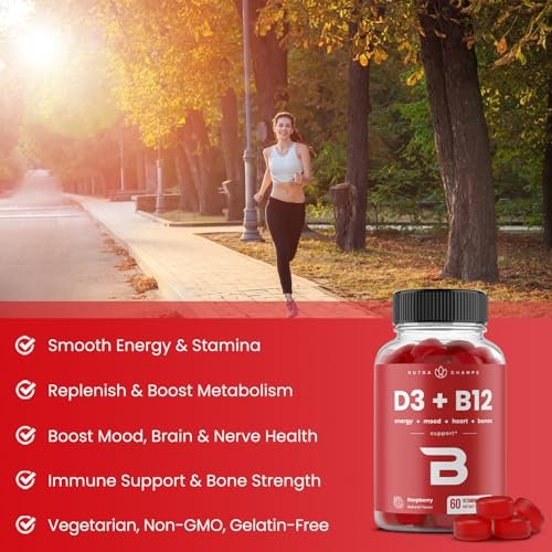 NutraChamps Vitamin D3 & B12, Methyl B12 Gummies für Erwachsene & Kinder, mit Vitamin D3 & B9 Folsäure, Natürliche Energie, Stimmung, Stoffwechsel & Konzentration, Himbeer, 60 Gummis