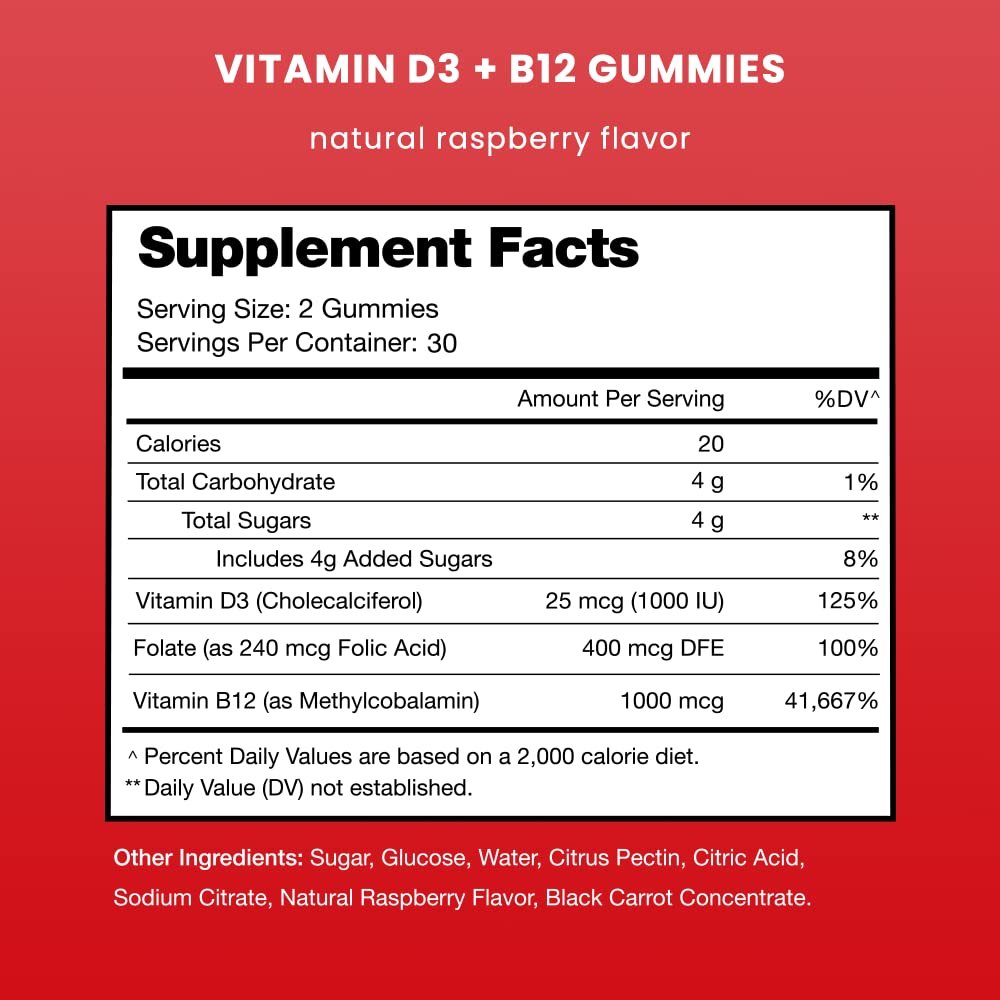 NutraChamps Vitamin D3 & B12, Methyl B12 Gummies für Erwachsene & Kinder, mit Vitamin D3 & B9 Folsäure, Natürliche Energie, Stimmung, Stoffwechsel & Konzentration, Himbeer, 60 Gummis